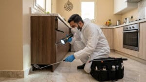 فحص أماكن تجمع الحشرات قبل المكافحة داخل منزل بالطائف